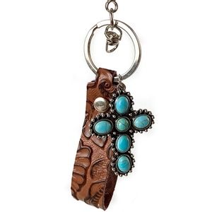 Boho Vintage Embossed Cross Turquoise, Leather Key Chain